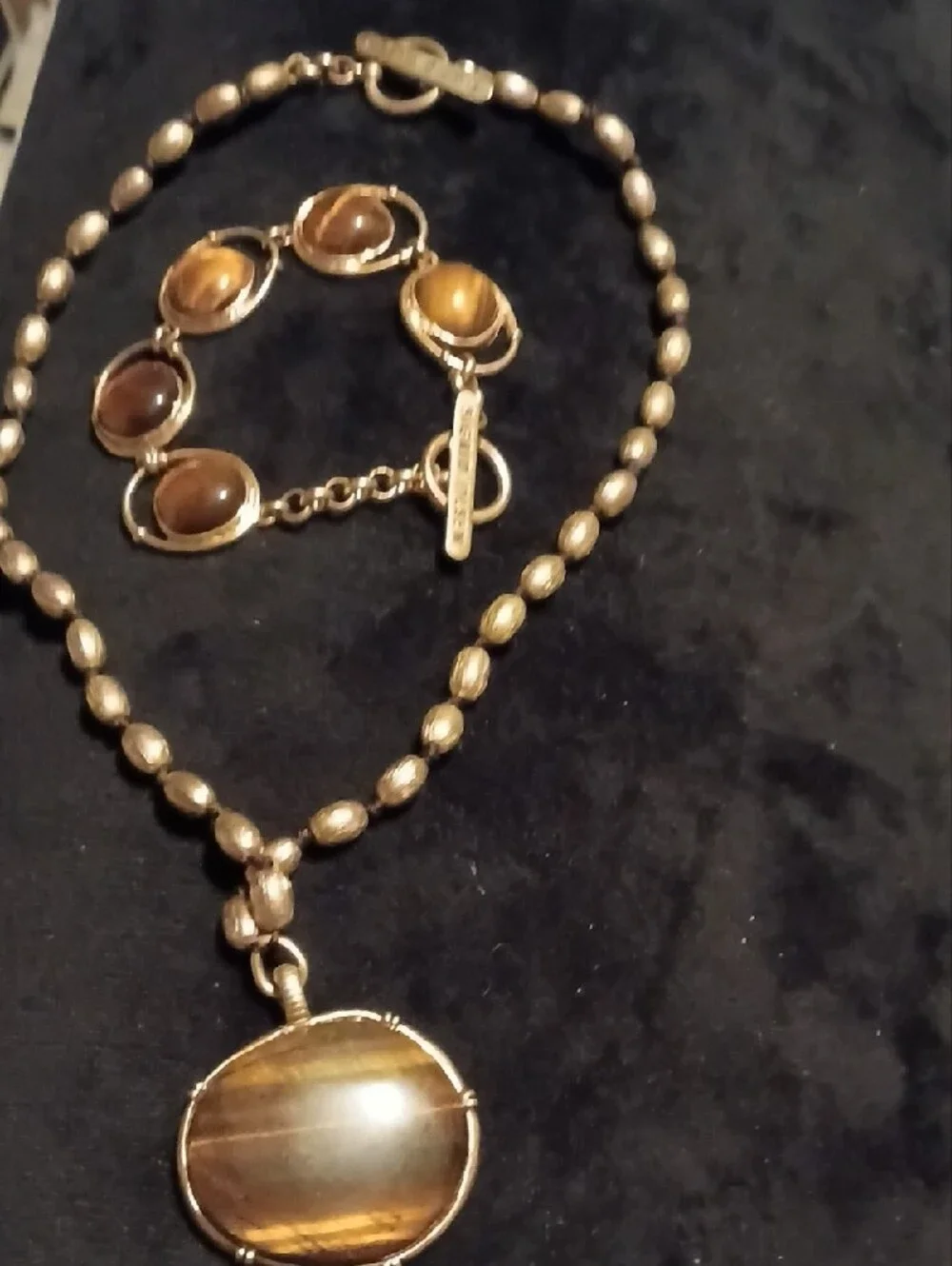 Signed Sigrid Olsen Tiger Eye Bead Necklace Tone Cutwork Penda Bracelet Set
